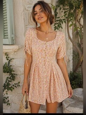 Free People Yellow Floral Button Front Mini Dress Lace Up Small